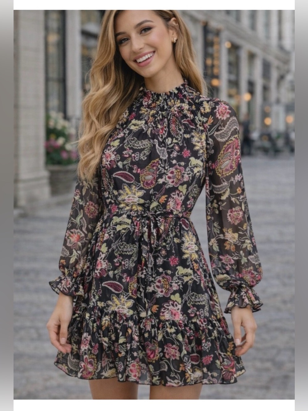 CINQ A SEPT Daija belted tiered floral-print chiffon mini dress sz 6 EUC no belt